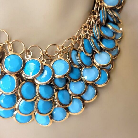 Blue Choker Gold Tone Resin Pendant Fashion Bib Statement Necklace - Picture 2 of 5